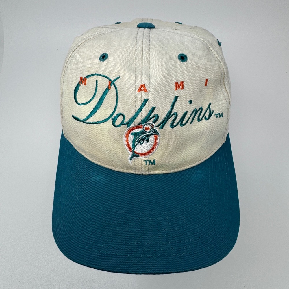 Vintage Miami Dolphins NFL Hat Script Logo Teal Cream Adjustable Strapback Cap